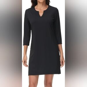 LIGHTBARE Women's 3/4 Sleeve UPF 50+ Black V-Neck Dress NWT